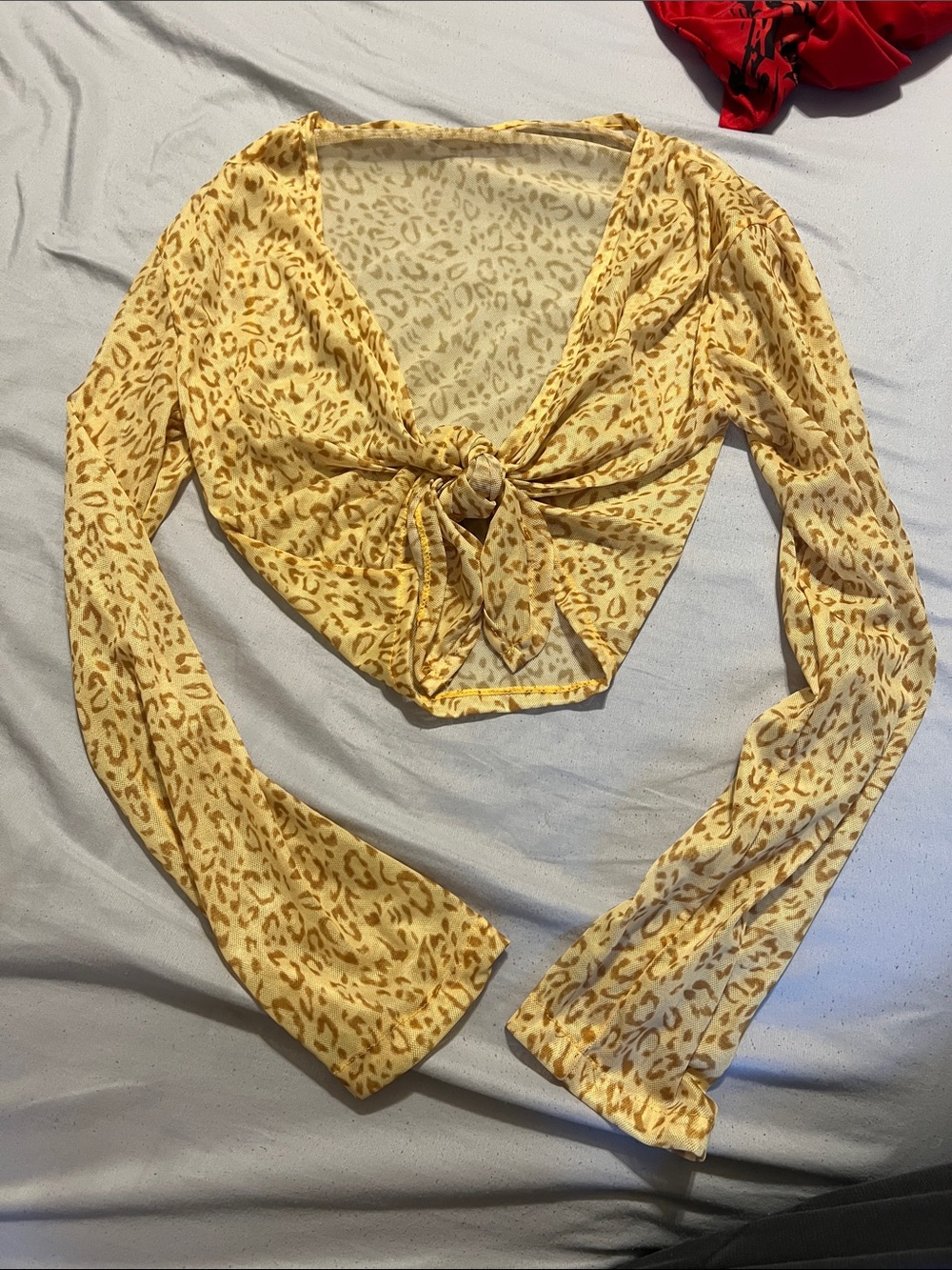 Tie-Front Yellow Leopard Print Long-Sleeve Crop Top
